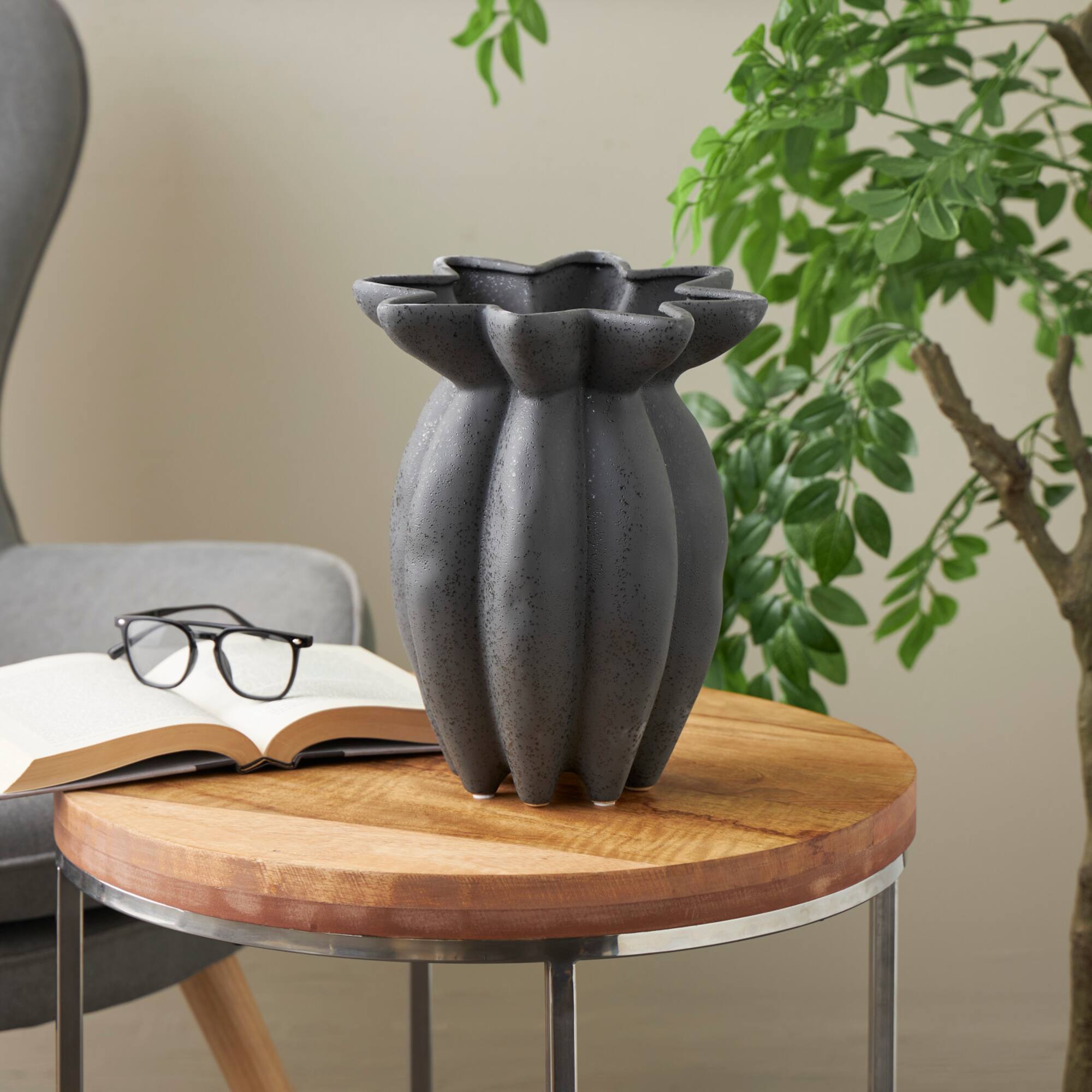 12" Black Ceramic Speckle Textured Vase with Tulip Style Opening